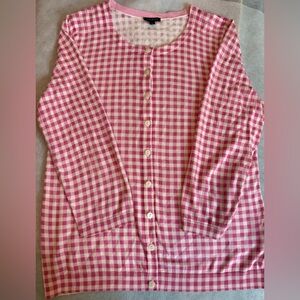Talbots pink & white gingham cardigan made from cotton blend. Sz. M. 3/4 sleeves